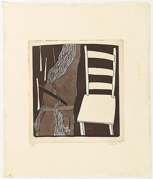 Title: b'not titled [figure and chair]' | Date: 1979 | Technique: b'etching and aquatint, printed in brown ink, from one plate'