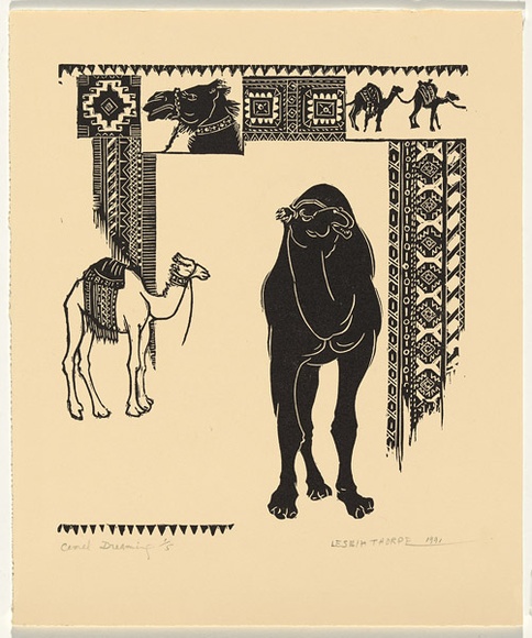 Artist: b'Thorpe, Lesbia.' | Title: b'Camel dreaming' | Date: 1991 | Technique: b'linocut, printed in black ink, from one block'