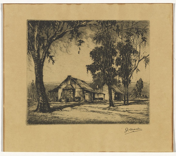 Artist: b'MARLER, G.' | Title: b'Morning. [Bush houses]' | Date: c.1928 | Technique: b'etching, roulette and aquatint, printed in black ink printed with plate-tone, from one plate'