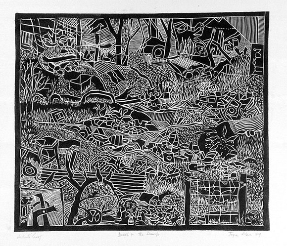 Artist: b'Allen, Joyce.' | Title: b'Death in the dump.' | Date: 1989 | Technique: b'linocut printed in black ink, from one block'