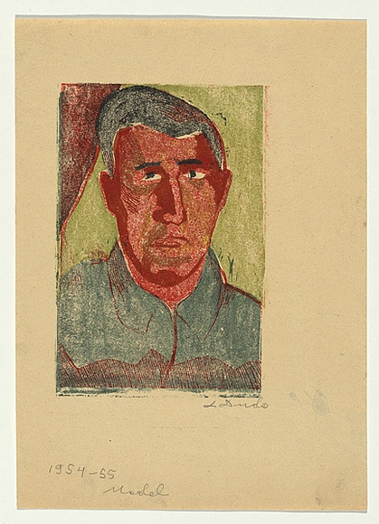 Artist: b'Groblicka, Lidia.' | Title: b'Model [portrait of a man].' | Date: 1954-55 | Technique: b'woodcut, printed in colour, from multiple blocks'