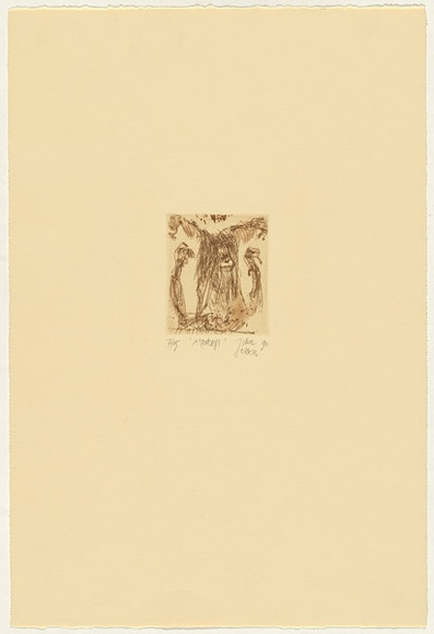 Artist: Olsen, John. | Title: Monkeys | Date: 1990 | Technique: etching and aquatint, printed in brown ink with plate-tone, from one plate | Copyright: © John Olsen. Licensed by VISCOPY, Australia