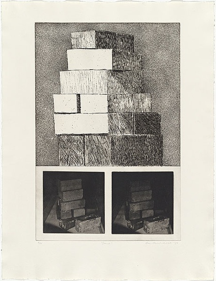 Artist: b'MADDOCK, Bea' | Title: b'Stack' | Date: 1974 | Technique: b'etching, aquatint,photo-etching and aquatint, printed in black ink, from three plates'