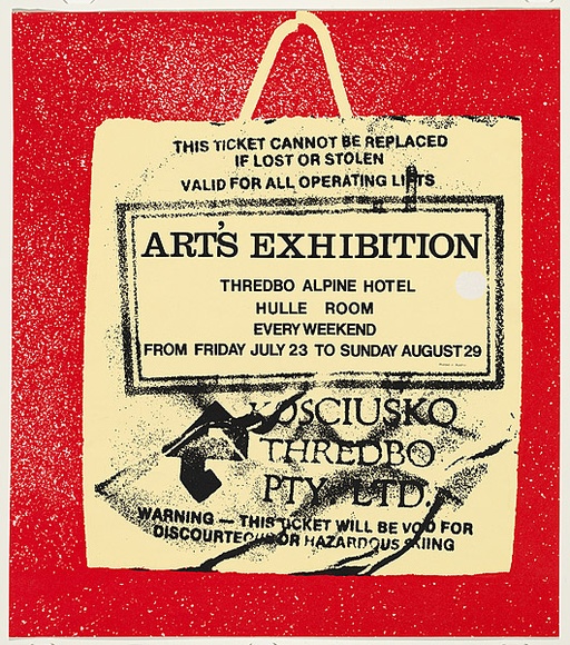 Artist: b'UNKNOWN' | Title: bArt's Exhibition - Thredbo Alpine Hotel | Date: 1982 | Technique: b'screenprint, printed in colour, from three stencils'