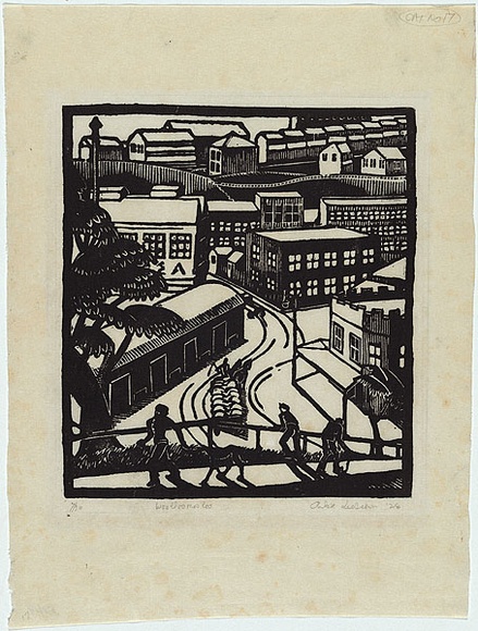 Artist: b'Allan, Ailsa [1].' | Title: b'Woolloomooloo.' | Date: 1928 | Technique: b'linocut, printed in black ink, from one block'