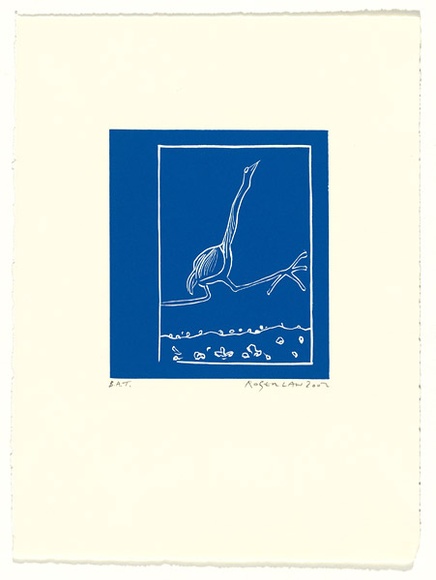 Artist: b'Law, Roger.' | Title: b'Not titled [emu].' | Date: 2002 | Technique: b'linocut, printed in blue ink, from one block'