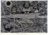 Artist: b'Robinson, Brian.' | Title: b'Traditional hunting' | Date: 1993 | Technique: b'linocut, printed in black ink, from one block; hand coloured'