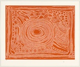 Title: b'Untitled waterholes (ochre dots)' | Date: November 2009 | Technique: b'relief print, printed in orange ink, from one lino block and one medium density fibre (MDF) board'