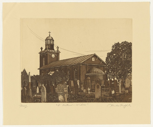 Artist: b'GRIFFITH, Pamela' | Title: b'St Mathews, Windsor' | Date: 1982 | Technique: b'hardground-etching and aquatint, printed in brown ink, from one zinc plate' | Copyright: b'\xc2\xa9 Pamela Griffith'