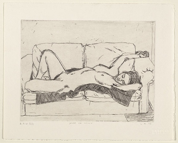 Artist: b'Miller, Lewis.' | Title: b'Nude on couch' | Date: 1999, October | Technique: b'etching, printed in black ink, from one plate' | Copyright: b'\xc2\xa9 Lewis Miller. Licensed by VISCOPY, Australia'