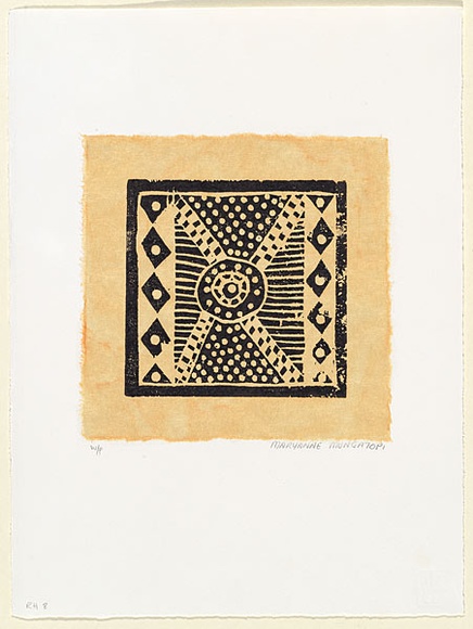 Artist: b'RED HAND PRINT' | Title: b'Jilamarra design' | Date: 1999, May | Technique: b'woodcut, printed in black ink, from one block'