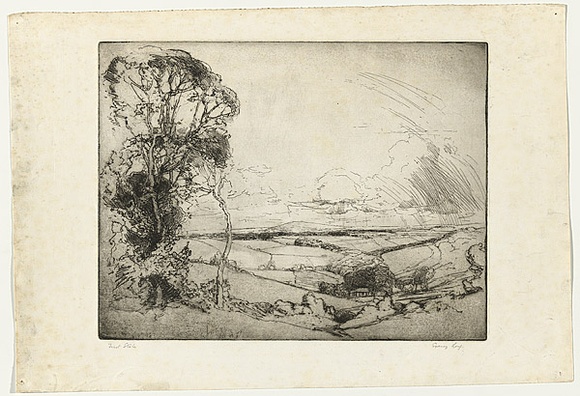 Artist: b'LONG, Sydney' | Title: b'Pastoral landscape' | Date: 1928, after | Technique: b'line-etching and drypoint, printed in black ink with plate-tone, from one plate' | Copyright: b'Reproduced with the kind permission of the Ophthalmic Research Institute of Australia'