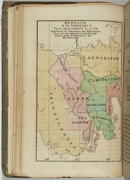 Title: bOutline of the settled part of Van Diemen's Land. | Date: 1831 | Technique: b'etching, printed in black ink, from one plate; hand coloured'