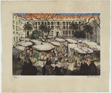 Artist: b'Carrick, Ethel.' | Title: b'The fruit and vegetable market, Nice.' | Date: 1933 | Technique: b'lithograph, printed in black ink, from one stone; hand-coloured in watercolour'