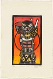 Title: Pukamani Poles | Date: 2003 | Technique: linocut, printed in black ink, from one block; hand coloured