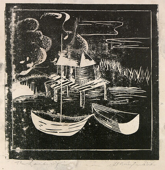 Artist: b'ROSENGRAVE, Harry' | Title: b'The landing' | Date: (1955) | Technique: b'linocut, printed in black ink, from one block'