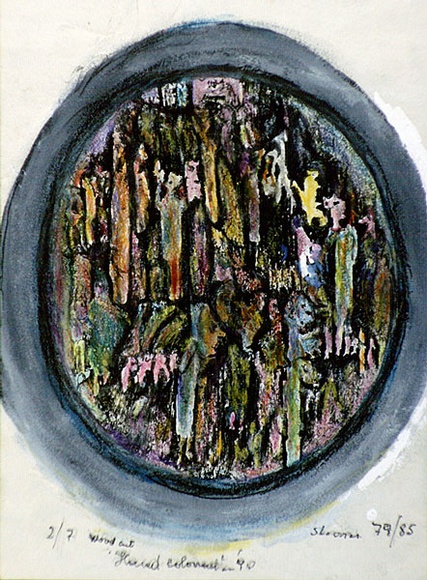 Artist: b'SHEARER, Mitzi' | Title: b'not titled [oval]' | Date: 1977-85 | Technique: b'woodcut, printed in black ink, from one block, hand-coloured, various colour'