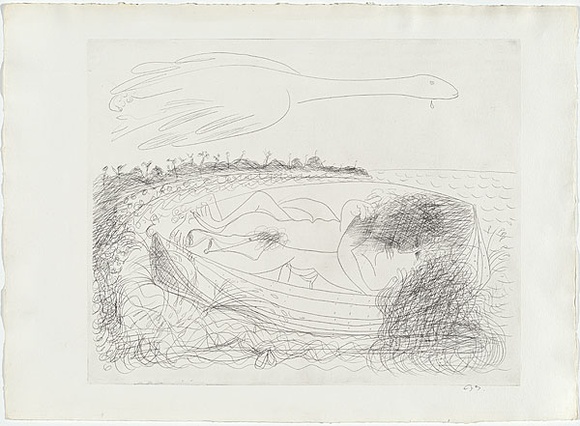 Artist: b'BOYD, Arthur' | Title: b'Lovers in a boat.' | Date: (1968-69) | Technique: b'etching, printed in black ink, from one plate' | Copyright: b'Reproduced with permission of Bundanon Trust'