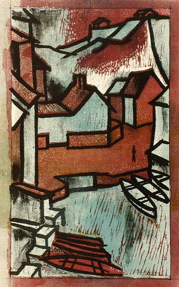 Artist: b'de Kesler, Thomas.' | Title: b'Fishing village.' | Date: 1961 | Technique: b'linocut and lithograph, printed in colour, from four blocks' | Copyright: b'\xc2\xa9 Thomas de Kessler'