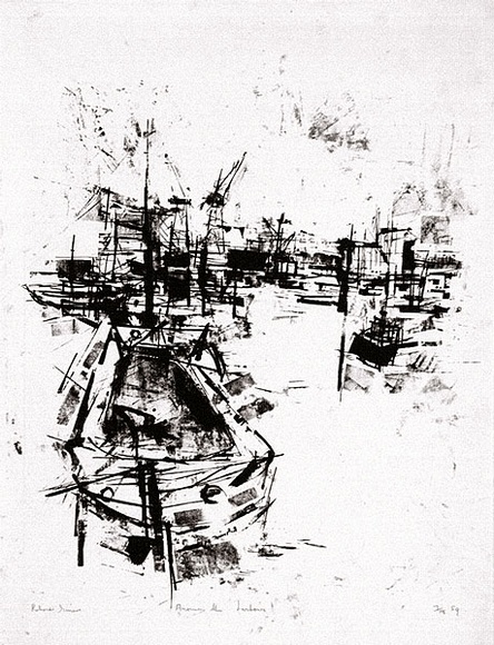 Artist: b'Grieve, Robert.' | Title: b'Around the harbour' | Date: 1959 | Technique: b'lithograph, printed in black ink, from one hard-grained aluminium plate'