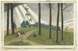 Artist: Spowers, Ethel. | Title: The lonely farm | Date: 1933 | Technique: linocut, printed in colour, from five blocks (grey, blue, black, yellow ochre, green)