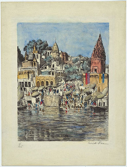 Artist: b'Carrick, Ethel.' | Title: b'Pilgrims bathing at Benares.' | Date: (1925) | Technique: b'lithograph, printed in black ink, from one stone; hand-coloured in watercolour'