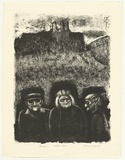 Artist: b'Counihan, Noel.' | Title: bThree villagers and Chateau d'Opoul. | Date: 1981 | Technique: b'lithograph, printed in black ink, from one zinc plate'