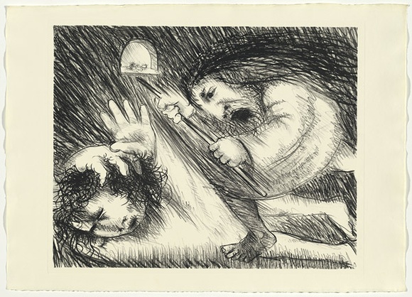 Artist: b'BOYD, Arthur' | Title: b'St Francis being beaten by his father.' | Date: (1965) | Technique: b'lithograph, printed in black ink, from one plate' | Copyright: b'Reproduced with permission of Bundanon Trust'