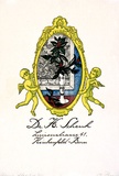 Artist: b'Haefliger, Paul.' | Title: b'Bookplate: Dr H Scheuk, Luiseustrasse 41' | Date: c.1930 | Technique: b'woodcut, printed in black ink, from one block; hand-coloured'