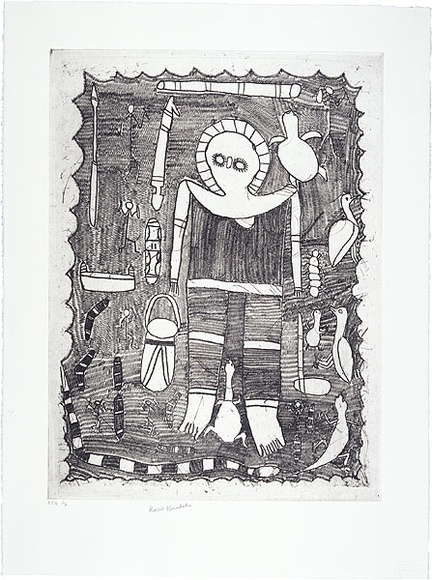 Artist: KARADADA, Rosie | Title: not titled [Wandjina figure with bush bucket and tomahawk] | Date: 1998 | Technique: etching, printed in black ink, from one plate | Copyright: © Rosie Karadada, Licensed by VISCOPY, Australia