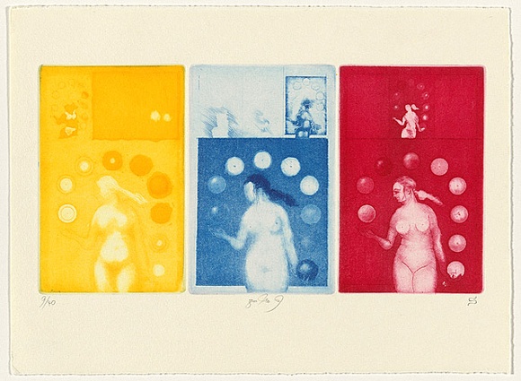 Artist: b'SCHMEISSER, Jorg' | Title: b'Zu. No.9 (To No.9-an additional page of 3 etchings in yellow, blue and red indicating the method by which print No.9 is made' | Date: 1976 | Technique: b'etching and aquatint, printed in black ink, from one plate' | Copyright: b'\xc2\xa9 J\xc3\xb6rg Schmeisser'