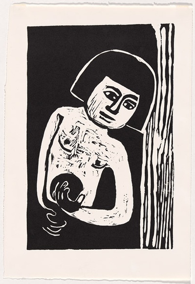 Artist: b'LAWTON, Tina' | Title: b'(Child holding a ball)' | Date: c.1963 | Technique: b'linocut, printed in black ink, from one block'