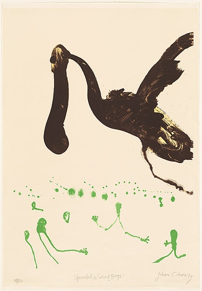 Artist: b'Olsen, John.' | Title: b'Spoonbill and swamp frogs.' | Date: 1979 | Technique: b'lithograph, printed in colour, from two plates' | Copyright: b'\xc2\xa9 John Olsen. Licensed by VISCOPY, Australia'