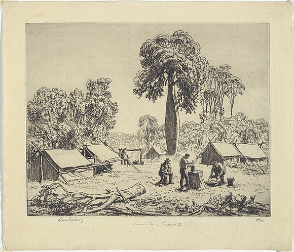 Artist: b'LINDSAY, Lionel' | Title: bMiner's camp, Cracow, Queensland | Date: 1932 | Technique: b'etching, printed in black ink with plate-tone, from one plate' | Copyright: b'Courtesy of the National Library of Australia'