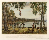 Artist: b'TALMAGE, Algernon' | Title: b'Founding of Australia' | Technique: b'woodengraving, printed in colour, from multiple blocks'