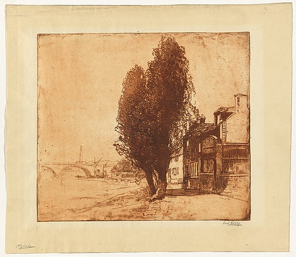 Artist: b'LONG, Sydney' | Title: b'Strand on the green, No.2' | Date: c.1923 | Technique: b'line-etching, printed in sepia ink, from one copper plate' | Copyright: b'Reproduced with the kind permission of the Ophthalmic Research Institute of Australia'