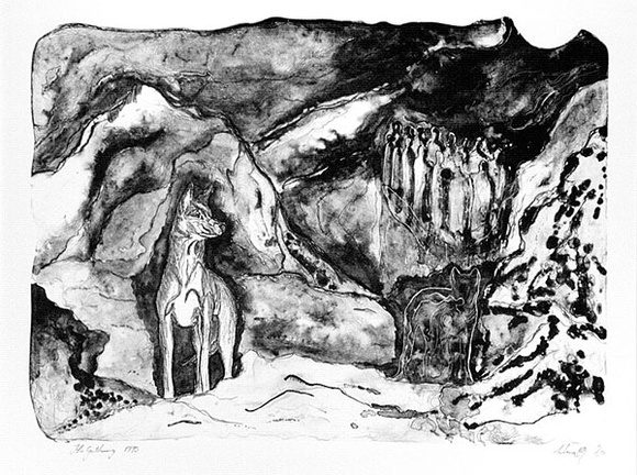 Artist: b'Johnson, John.' | Title: b'The gathering' | Date: 1995 | Technique: b'lithograph, printed in black ink, from one stone'