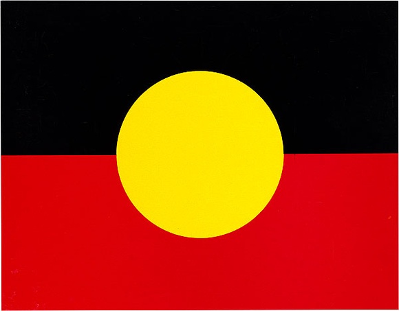 Artist: b'REDBACK GRAPHIX' | Title: b'Card: The Aboriginal Flag' | Date: 1980 | Technique: b'offset-lithograph, printed in colour, from three plates'