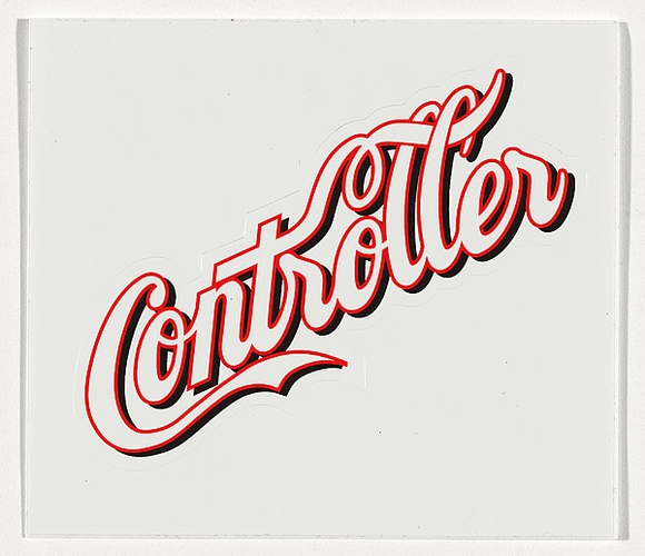 Title: b'Controller [sticker]' | Technique: b'screenprint, printed red and black ink, from two stencils'