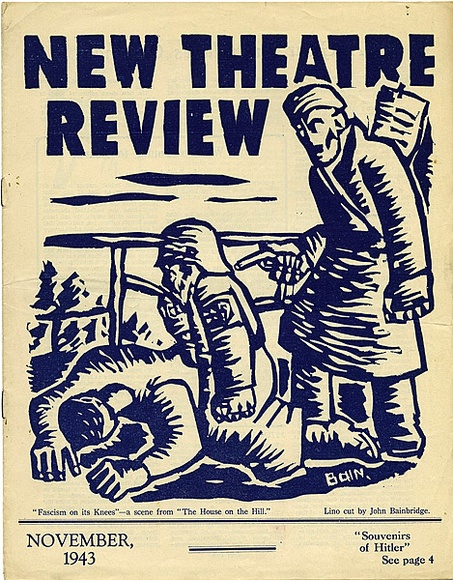 Title: b'New theatre review: November 1943' | Date: November 1943 | Technique: b'linocut, printed in dark blue ink, from one block; letterpress text'