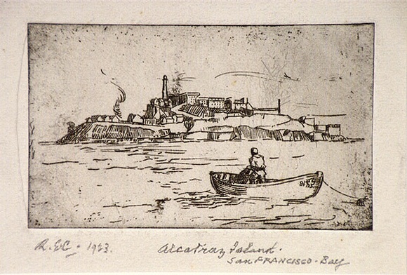 Artist: b'Curtis, Robert Emerson.' | Title: b'Alcatraz Island, San Francisco Bay.' | Date: 1923 | Technique: b'etching, printed in black ink, from one plate'