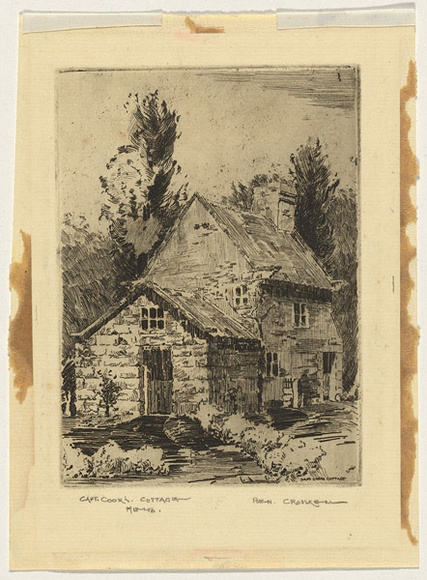 Artist: b'Crosskell, Ben' | Title: bCaptain Cook's cottage, Melbourne. | Date: c.1936 | Technique: b'etching, printed in black ink with plate-tone, from one plate'