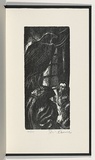 Artist: b'AMOR, Rick' | Title: b'Not titled (man cowering before raven).' | Date: 1990 | Technique: b'woodcut, printed in black ink, from one block'