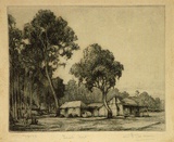 Artist: b'Warner, Alfred Edward.' | Title: b'Bush hut' | Date: 1930s | Technique: b'etching, printed in blue ink, from one plate'