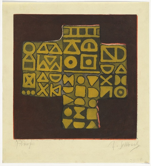 Artist: b'SELLBACH, Udo' | Title: b'(Cross with symbols)' | Date: 1967 | Technique: b'aquatint, etching printed in colour from two (?) plates'