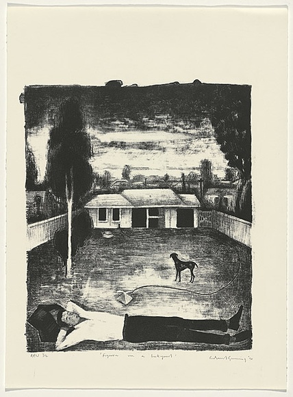 Artist: b'Gunning, Richard' | Title: b'Figure in a backyard' | Date: 1990 | Technique: b'lithograph, printed in black ink, from one stone'