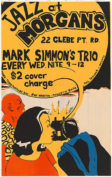 Artist: b'Lane, Leonie.' | Title: bJazz at Morgan's - Mark Simmon's trio | Date: 1979 | Technique: b'screenprint, printed in colour, from four stencils' | Copyright: b'\xc2\xa9 Leonie Lane'