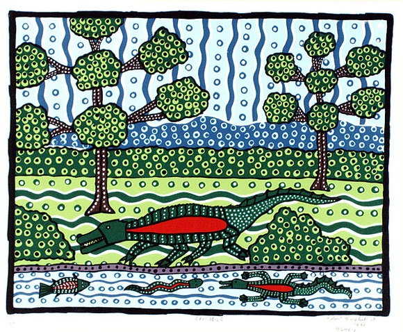 Artist: b'Campbell (Jnr.), Robert' | Title: b'Crocodile' | Date: 1990 | Technique: b'screenprint, printed in colour, from multiple stencils' | Copyright: b'Courtesy of Rolsyn Oxley9 Gallery'