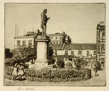 Artist: b'LINDSAY, Lionel' | Title: bLang's statue and Pfahlerts Hotel | Date: 1936 | Technique: b'etching, printed in brown ink with plate-tone, from one plate' | Copyright: b'Courtesy of the National Library of Australia'