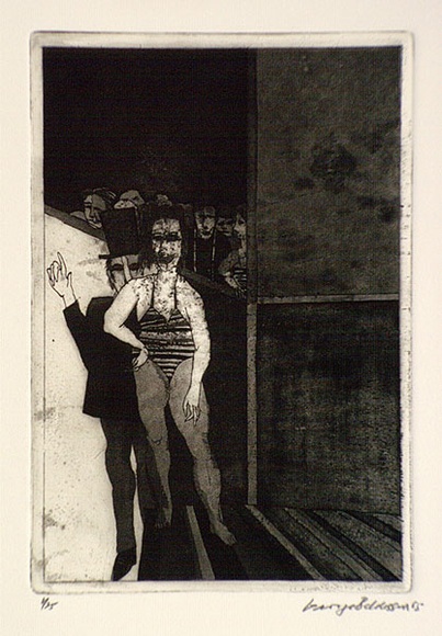 Artist: b'BALDESSIN, George' | Title: b'Performers with audience.' | Date: 1965 | Technique: b'etching and aquatint, printed in black ink, from one plate'